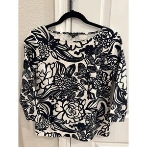 Talbots Pullover Top Shirt‎ Womens PS Petite Small Black White Floral 3/4 Sleeve